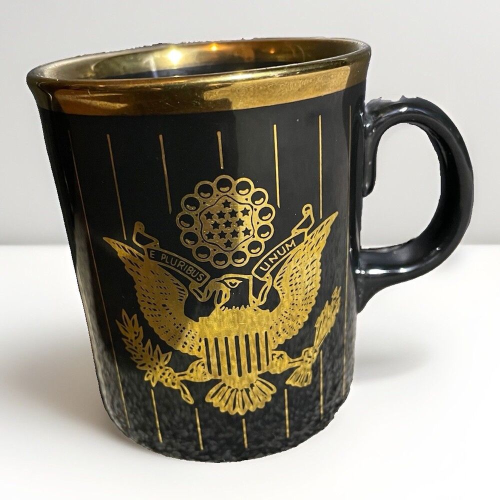 Vintage TAMS England Black Gold Eagle Mug E Pluribus Unum Federal Seal